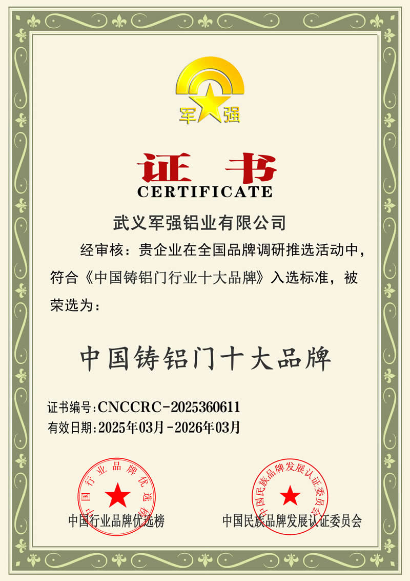 蘑菇APP门业荣膺2025年中国铸铝门十大品牌称号